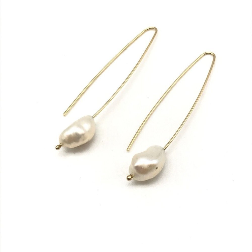 14k Yellow Gold 13MM Baroque Pearl Hook Drop Earrings 2" - Picture 2 of 8